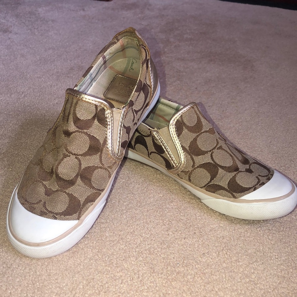 Coach women’s slip-on sneakers, brown and gold, size 6